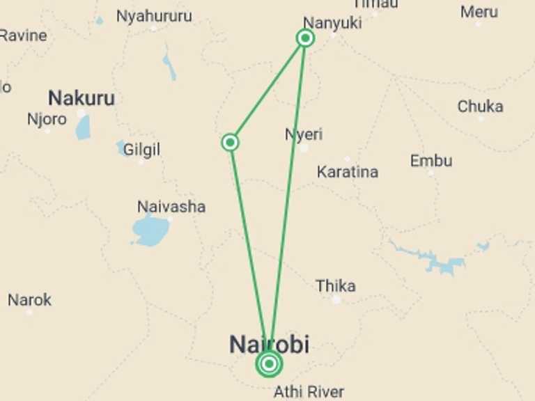 Map of Africa Tour with 3 destination visits for the trip: 5 Days Mt Kenya, Aberdares, Ol Pejeta