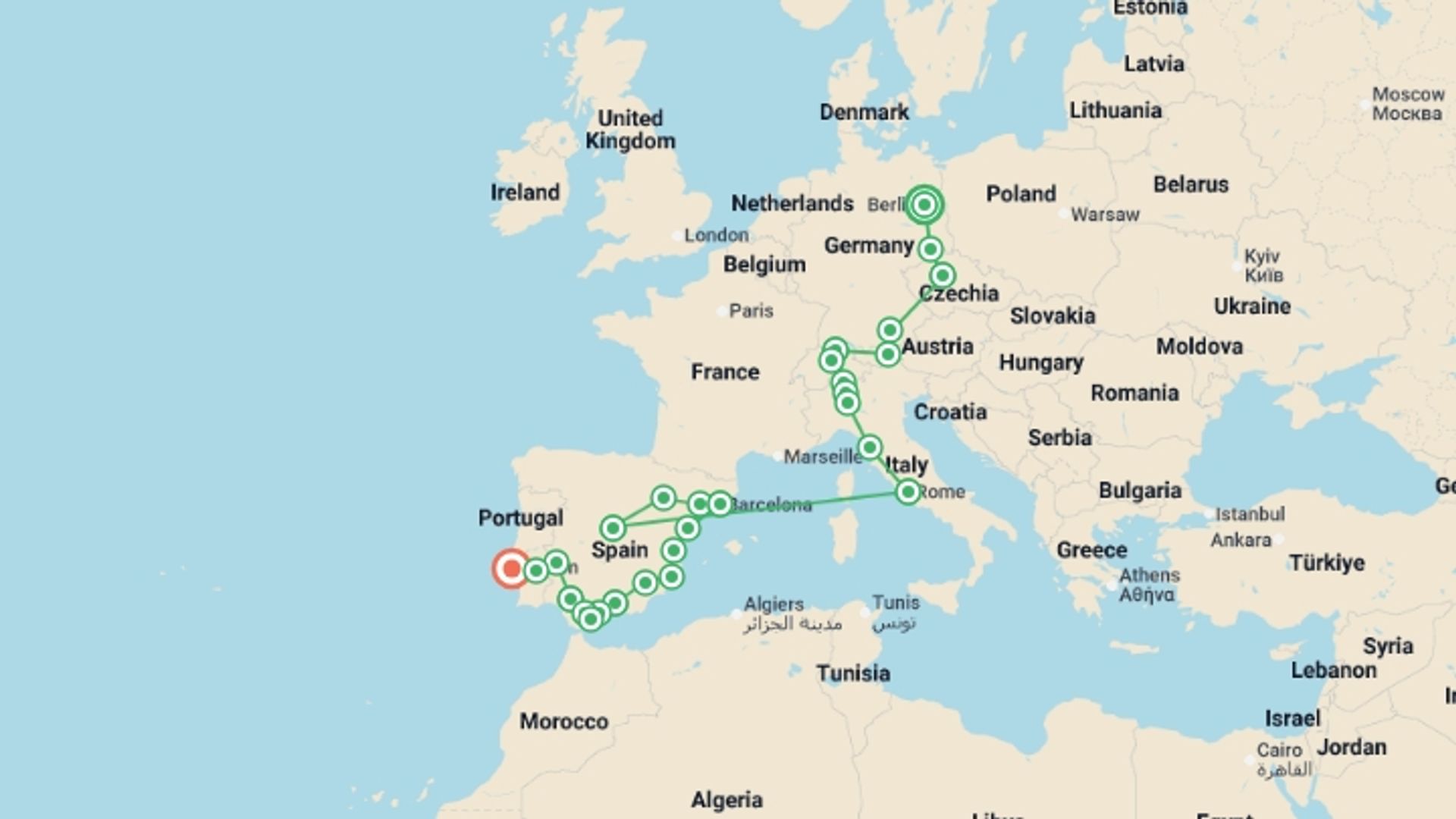 A map showing the tour itinerary for the trip: Continental Europe, starting in Berlin, Germany and ending in Lisbon, Portugal going through 10 other destinations.