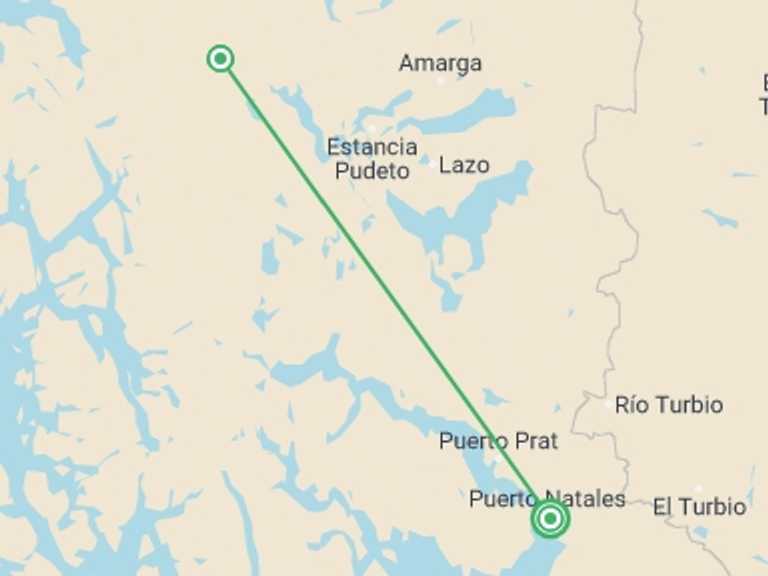 Map itinerary of Chile Tour in Fall with 2 destination visits for the trip: Patagonia: Torres del Paine Classic W Trek