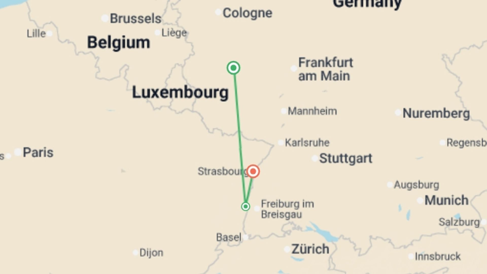 A map showing the tour itinerary for the trip: The Most Beautiful Christmas Markets on a Cruise through Alsace - Strasbourg, Colmar, delicious food, and festive lights during the pre-holiday season (port-to-port cruise), starting in Rhineland-Palatinate & Saarland, Germany and ending in Strasbourg, France going through 1 other destinations.