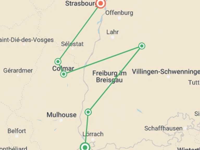 Map of 8-Day Strasbourg Tour with 6 destination visits for the trip: Alsace Wine and Rhine Cycle to Strasbourg