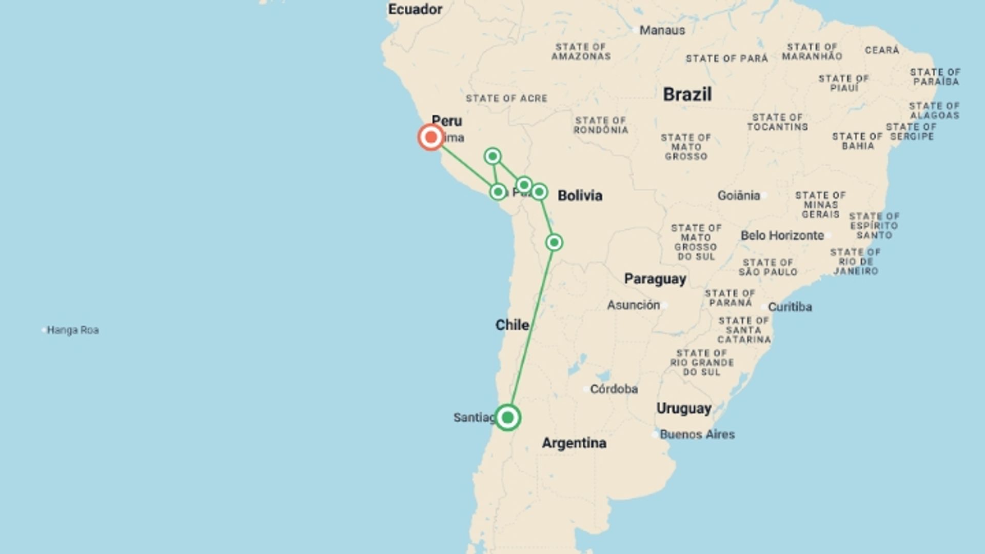 A map showing the tour itinerary for the trip: SANTIAGO to LIMA (38 days) The Cordilleras, starting in Santiago, Chile and ending in Lima, Peru going through 6 other destinations.