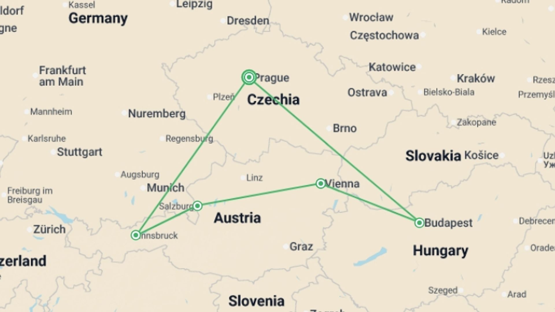 A map showing the tour itinerary for the trip: Central European Ring ROT GO, starting in Prague, Czech Republic and ending in Prague, Czech Republic going through 4 other destinations.