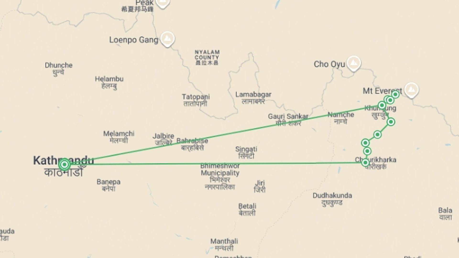 A map showing the tour itinerary for the trip: Everest Base Camp High Flyer in Comfort, starting in Kathmandu, Nepal and ending in Kathmandu, Nepal going through 8 other destinations.