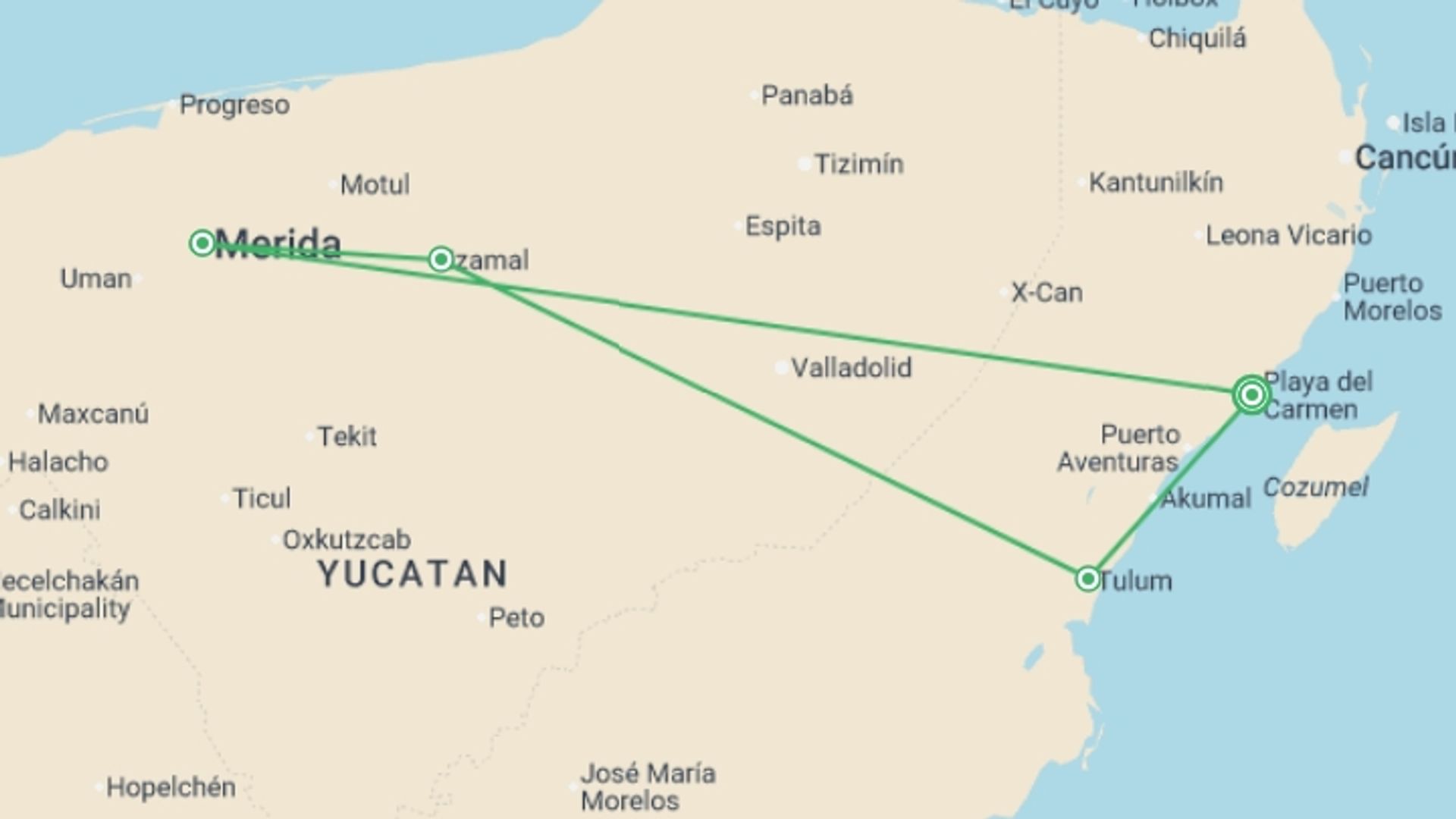 A map showing the tour itinerary for the trip: Mexico Family Holiday, starting in Playa Del Carmen, Mexico and ending in Playa Del Carmen, Mexico going through 3 other destinations.