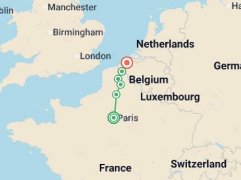 Map itinerary of Mediterranean Tour in April 2026 with 6 destination visits for the trip: Cycle the Western Front