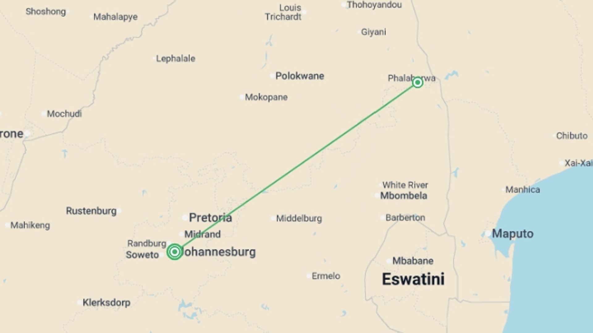A map showing the tour itinerary for the trip: Kruger in Depth, starting in Johannesburg, South Africa and ending in Johannesburg, South Africa going through 1 other destinations.