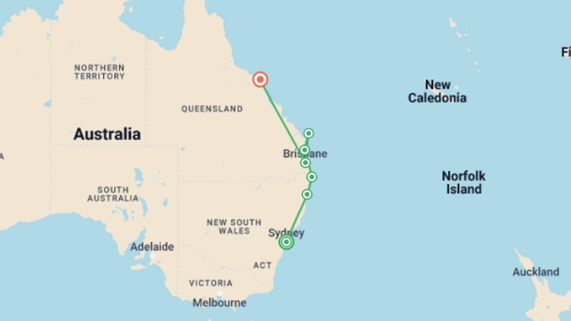 A map showing the tour itinerary for the trip: Epic East Coast, starting in Sydney and NSW, Australia and ending in Airlie Beach, Australia going through 6 other destinations.
