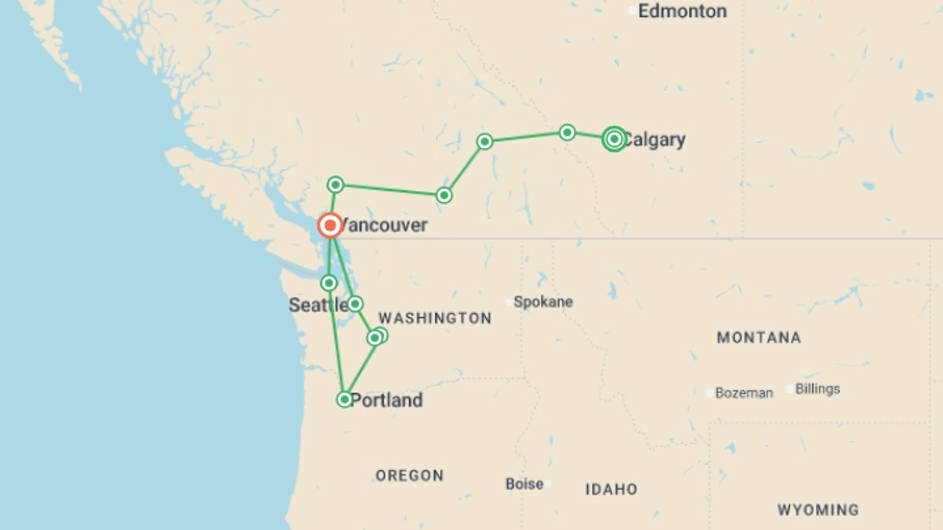 A map showing the tour itinerary for the trip: Best of Northern Rockies & the Pacific Northwest, starting in Calgary, Canada and ending in Vancouver, Canada going through 9 other destinations.