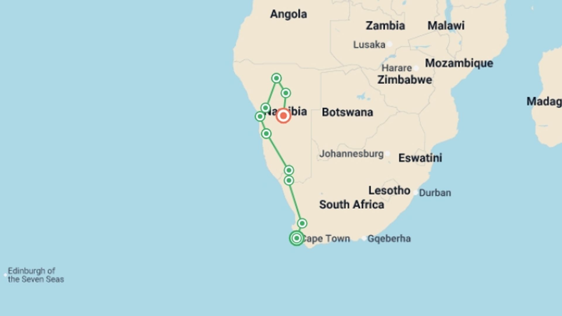 A map showing the tour itinerary for the trip: Cape Town to Namibia Overland Safari & Participation Camping, starting in Cape Town, South Africa and ending in Windhoek, Namibia going through 8 other destinations.