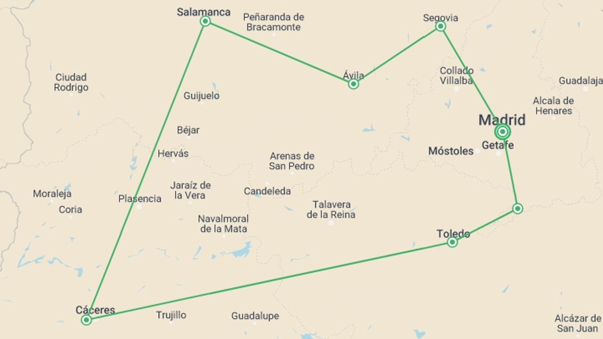 A map showing the tour itinerary for the trip: Madrid & World Heritage Cities, Self-drive, starting in Madrid, Spain and ending in Madrid, Spain going through 4 other destinations.