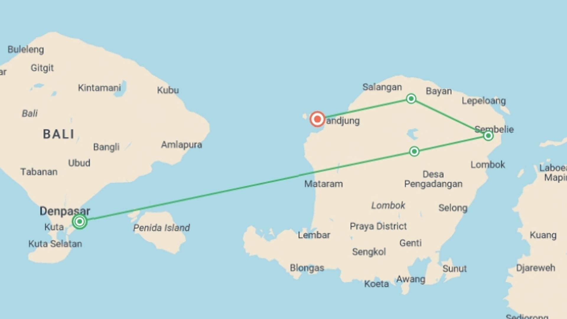 A map showing the tour itinerary for the trip: Discover Lombok, starting in Sanur, Indonesia and ending in Gili Air Island, Indonesia going through 5 other destinations.