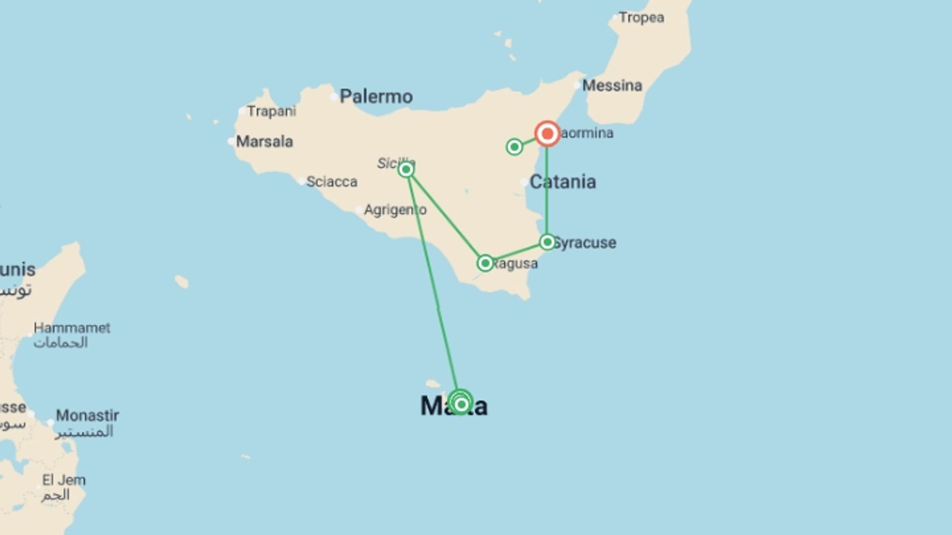 A map showing the tour itinerary for the trip: Old World Sicily & Malta , starting in Sliema, Malta and ending in Taormina, Italy going through 2 other destinations.