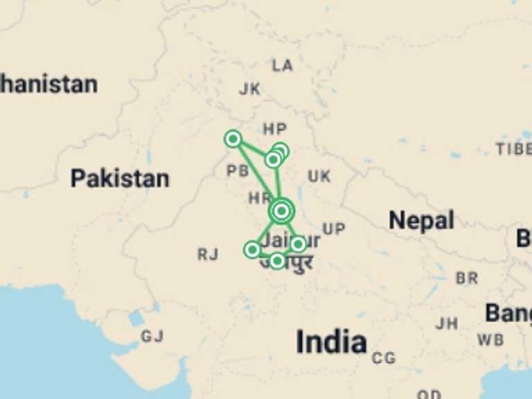 Map itinerary of Asia Tour in August 2026 with 6 destination visits for the trip: Golden Triangle & Amritsar - 13 days