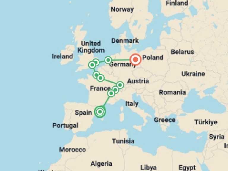 Map itinerary of Barcelona Tour in January 2027 with 11 destination visits for the trip: Wonderful Holidays end Berlin