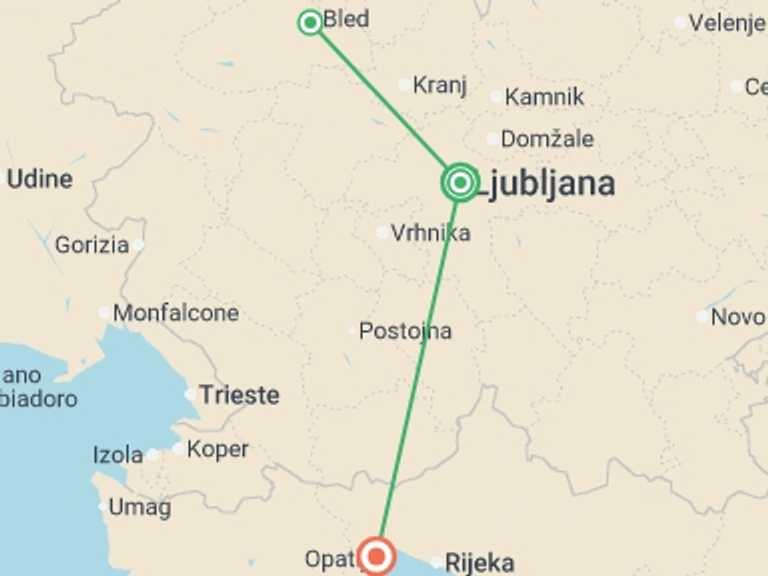 Map itinerary of Mediterranean Tour in July 2026 with 3 destination visits for the trip: Ljubljana to Opatija - 4 days