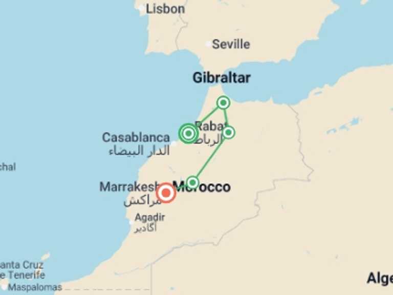 Map itinerary of Africa Tour in October 2026 with 5 destination visits for the trip: Upgraded - Discover Morocco