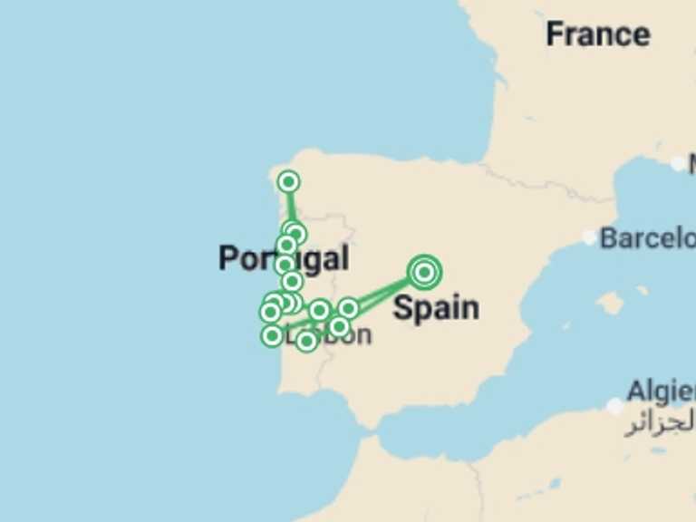 Map of a Sightseeing Tour with 6 destination visits for the trip: Northern and Southern Portugal