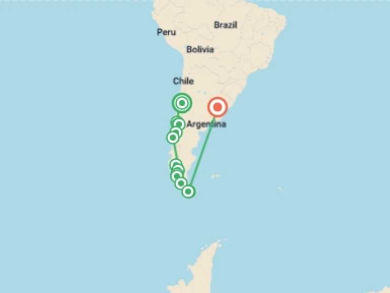 Map of a Explorer Tour with 15 destination visits for the trip: Patagonia Encompassed - 20 Days