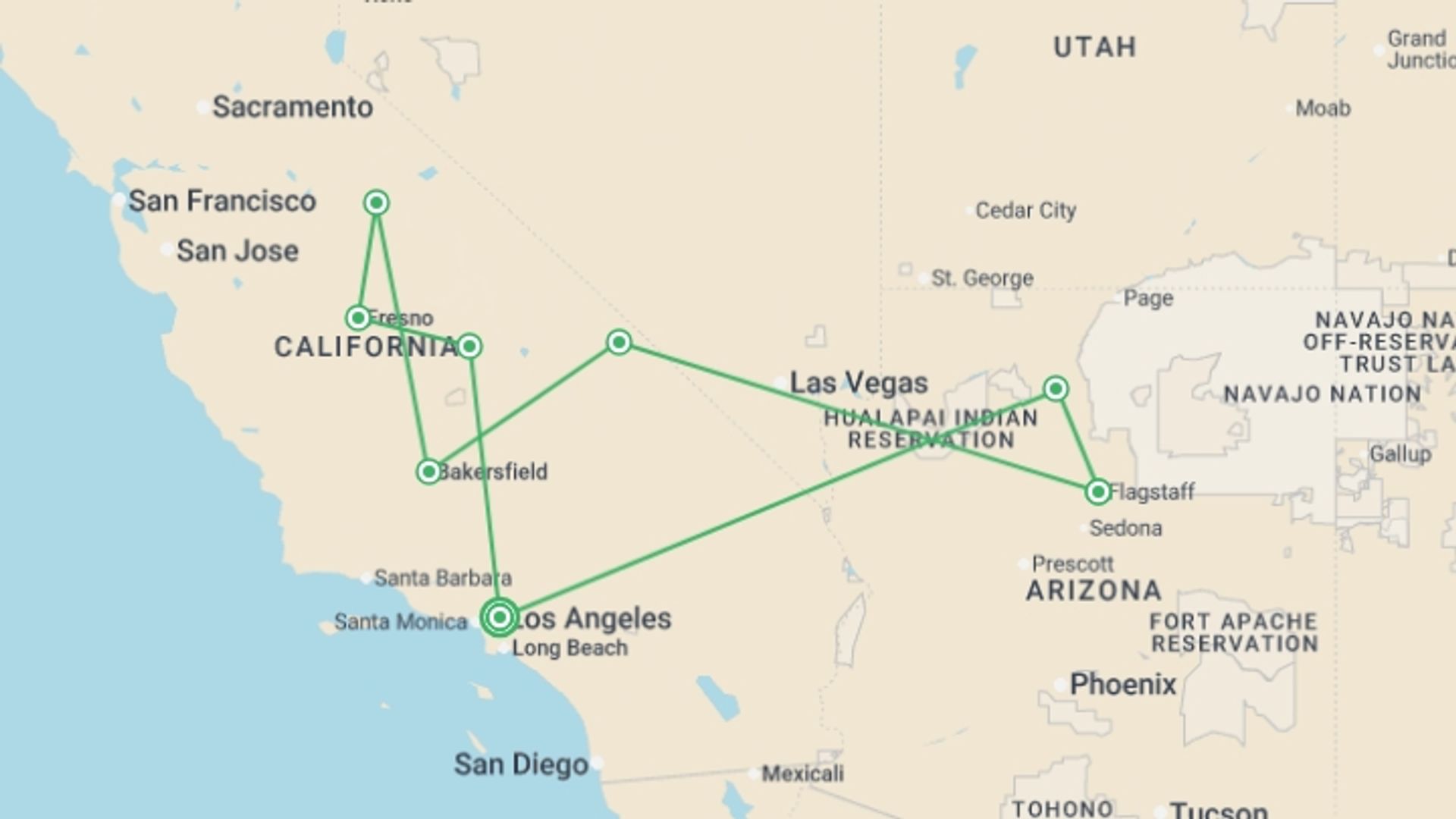A map showing the tour itinerary for the trip: Los Angeles, Las Vegas with National Parks, starting in Los Angeles, USA and ending in Los Angeles, USA going through 3 other destinations.
