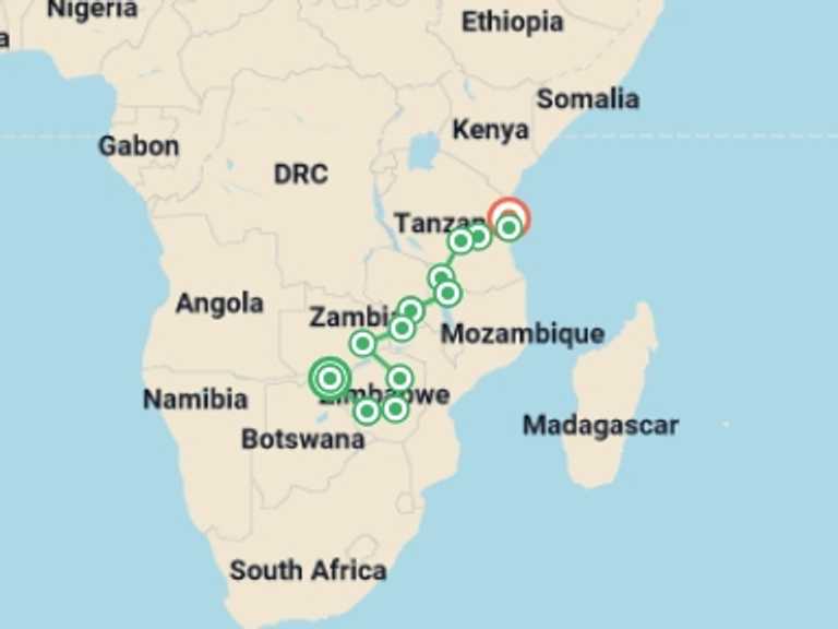 Map itinerary of Africa Tour in April 2027 with 14 destination visits for the trip: Victoria Falls to Stone Town