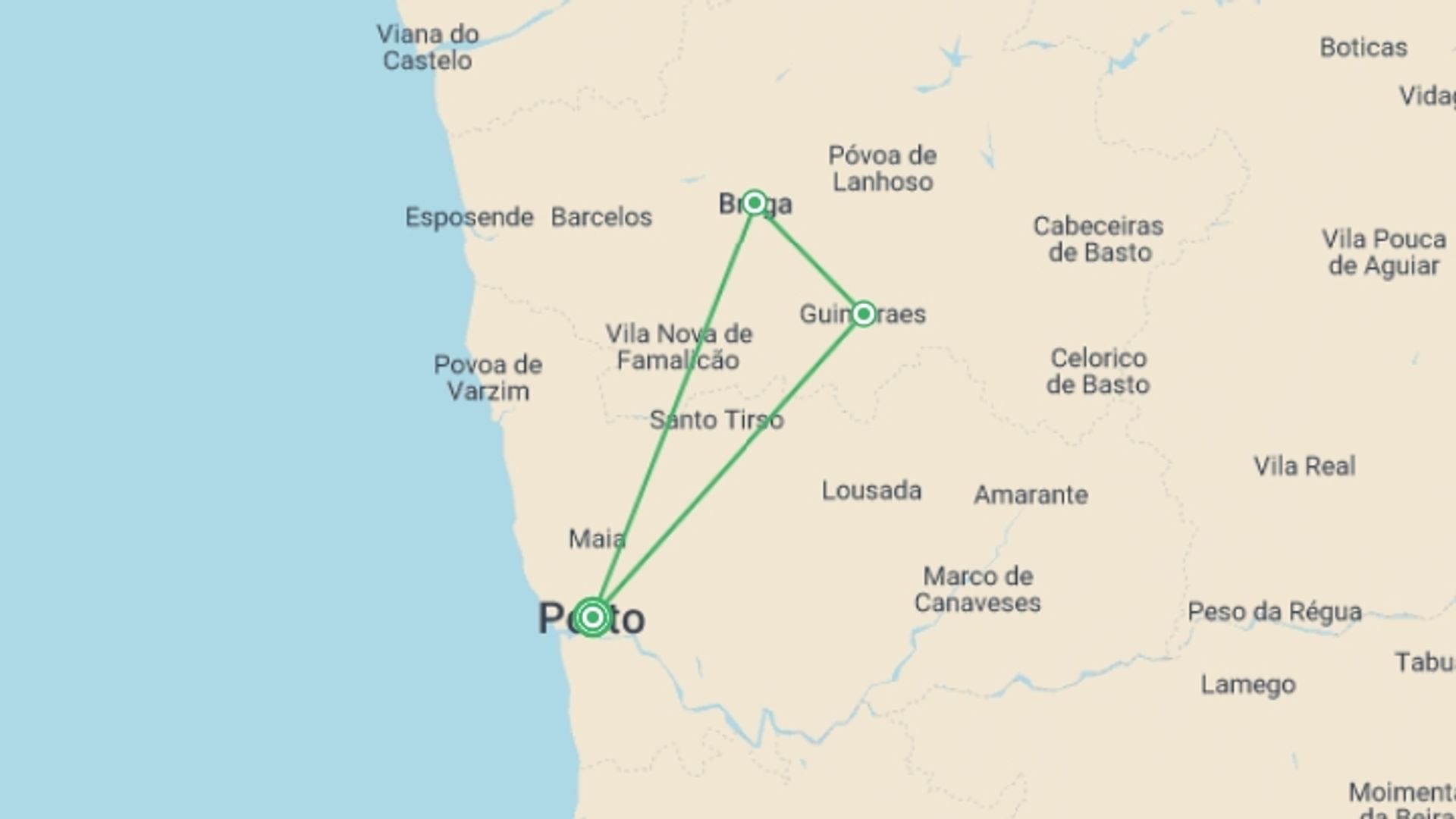 A map showing the tour itinerary for the trip: Porto City Break, 6 Days, starting in Porto, Portugal and ending in Porto, Portugal going through 0 other destinations.
