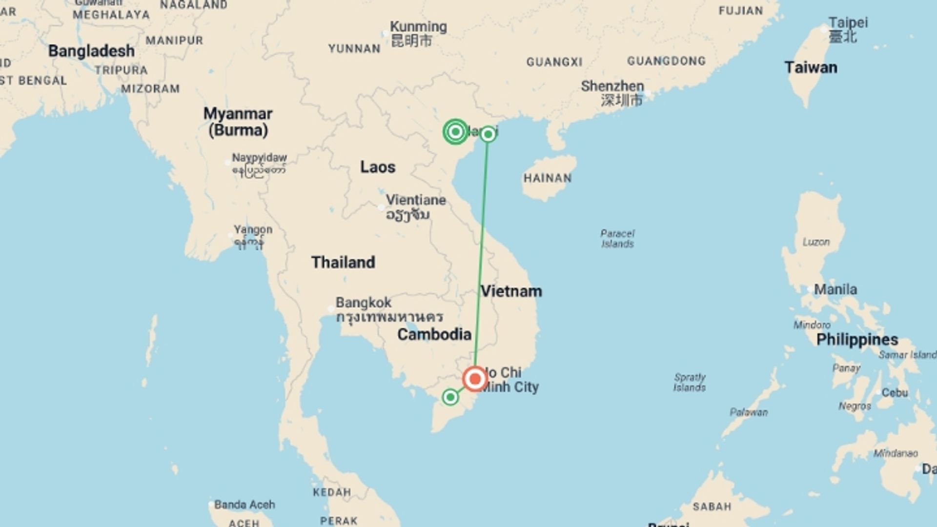A map showing the tour itinerary for the trip: Simply Vietnam - 7 days, starting in Hanoi, Vietnam and ending in Ho Chi Minh City, Vietnam going through 2 other destinations.