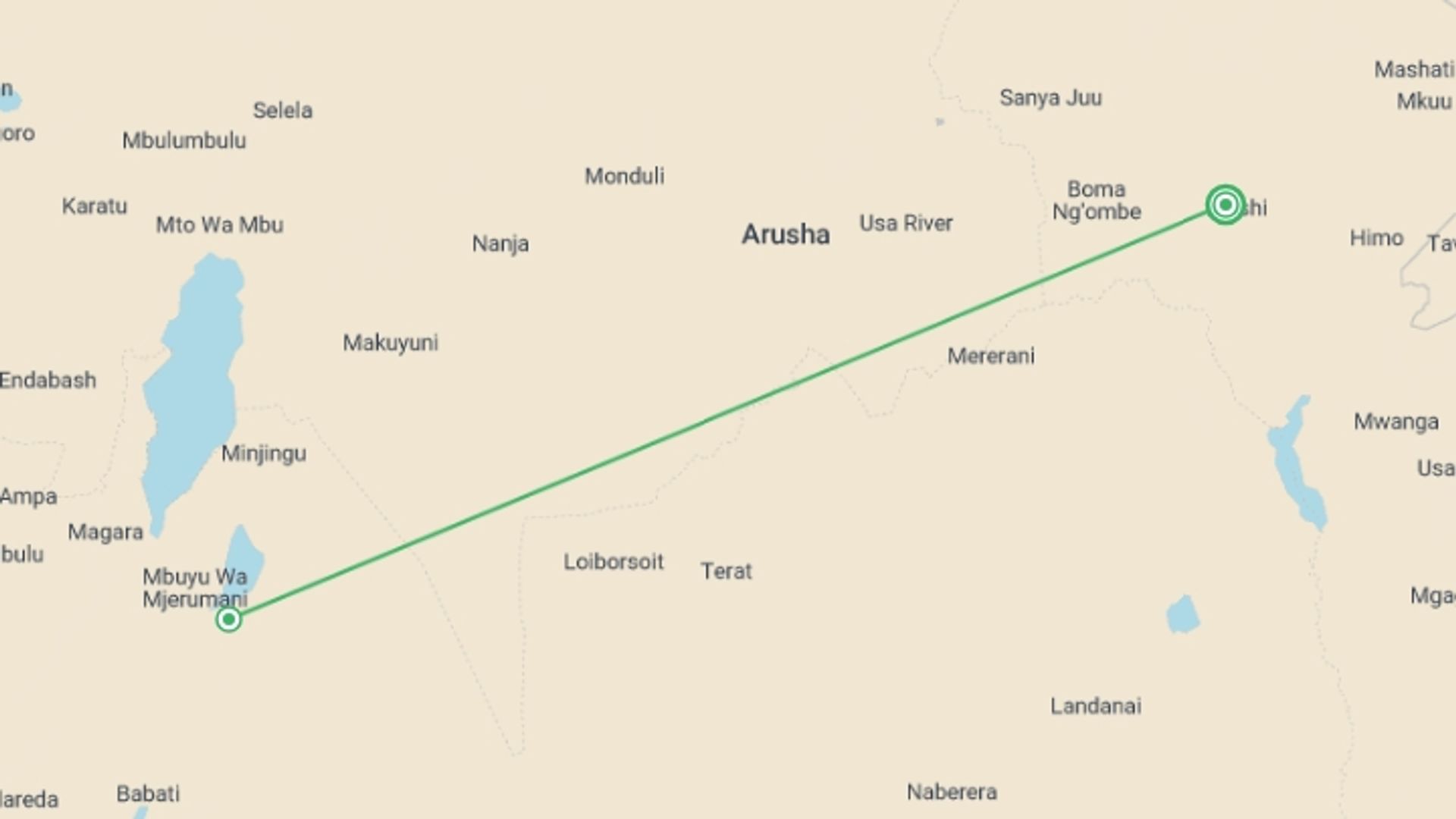 A map showing the tour itinerary for the trip: 2 Days Safari - Tarangire and Ngorongoro, starting in Moshi, Tanzania and ending in Moshi, Tanzania going through 2 other destinations.