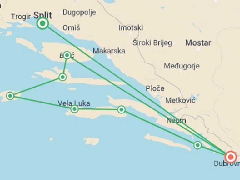 Map of a River cruise Tour with 5 destination visits for the trip: Dubrovnik & the Dalmatian Coast - Deluxe