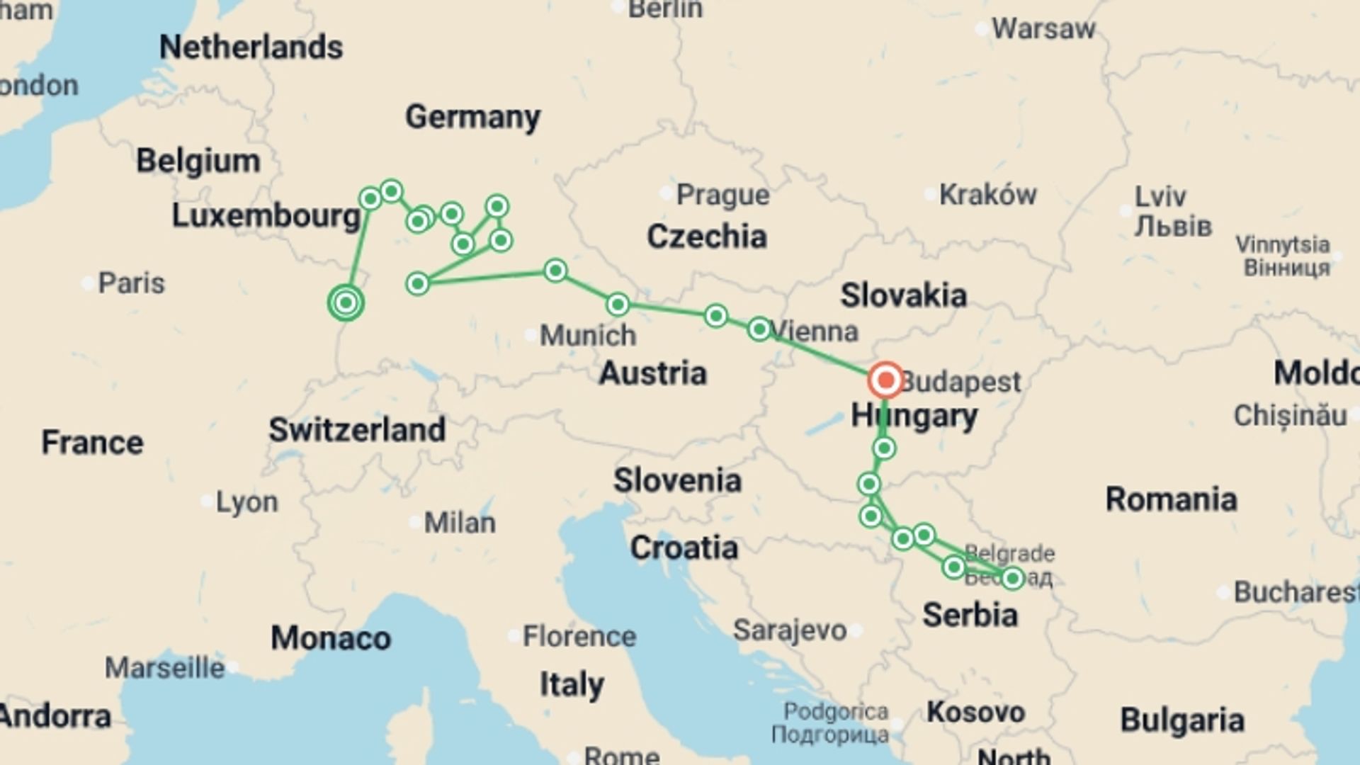 A map showing the tour itinerary for the trip: Trans-European cruise from Strasbourg to Budapest (port-to-port cruise), starting in Strasbourg, France and ending in Budapest, Hungary going through 5 other destinations.