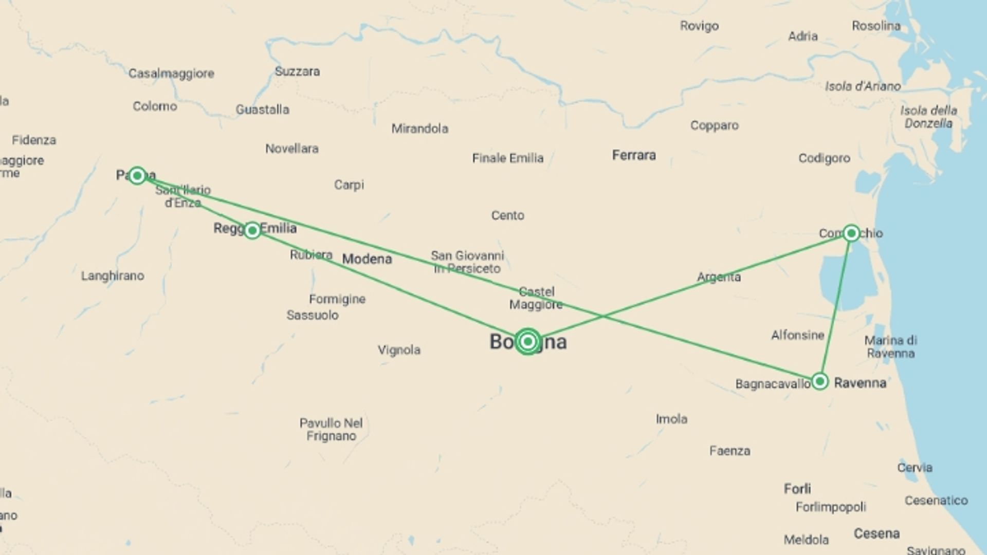 A map showing the tour itinerary for the trip: A Taste of Italy - Walking in Emilia Romagna, starting in Bologna, Italy and ending in Bologna, Italy going through 4 other destinations.