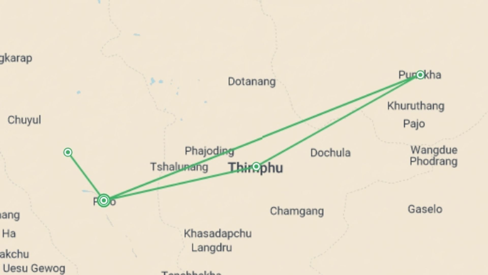 A map showing the tour itinerary for the trip: Brilliant Bhutan (4 star) - 5 days, starting in Paro, Bhutan and ending in Paro, Bhutan going through 3 other destinations.