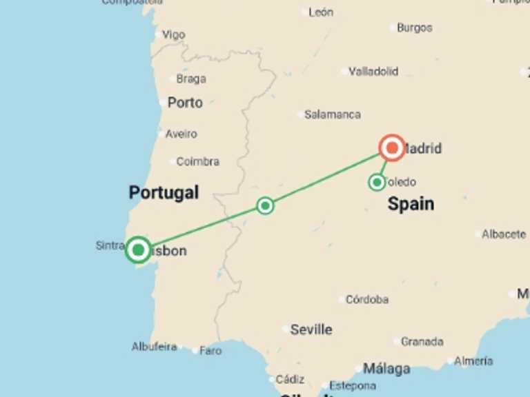 Map of 5-Day Madrid Tour with 2 destination visits for the trip: Lisbon to Madrid Express - 5 days