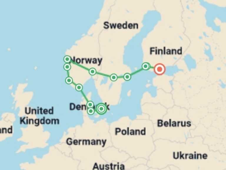 Map of Europe Tour with 8 destination visits for the trip: From Copenhagen to Helsinki