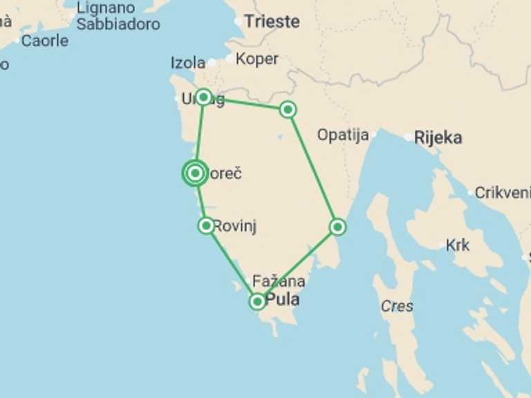 Map itinerary of Europe Tour in June 2026 with 6 destination visits for the trip: Istrian Cycle Explorer