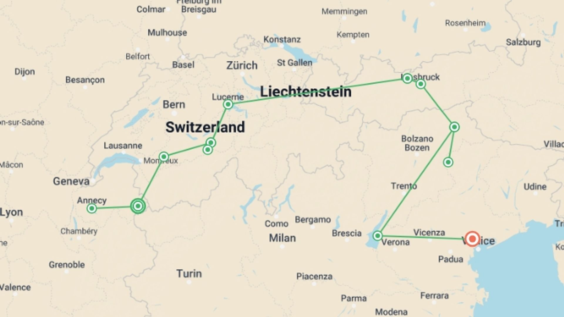 A map showing the tour itinerary for the trip: Peaks of Europe: The Alps to The Dolomites featuring France, Switzerland, Liechtenstein, Austria, and Italy, starting in Chamonix, France and ending in Mogliano Veneto, Italy going through 2 other destinations.