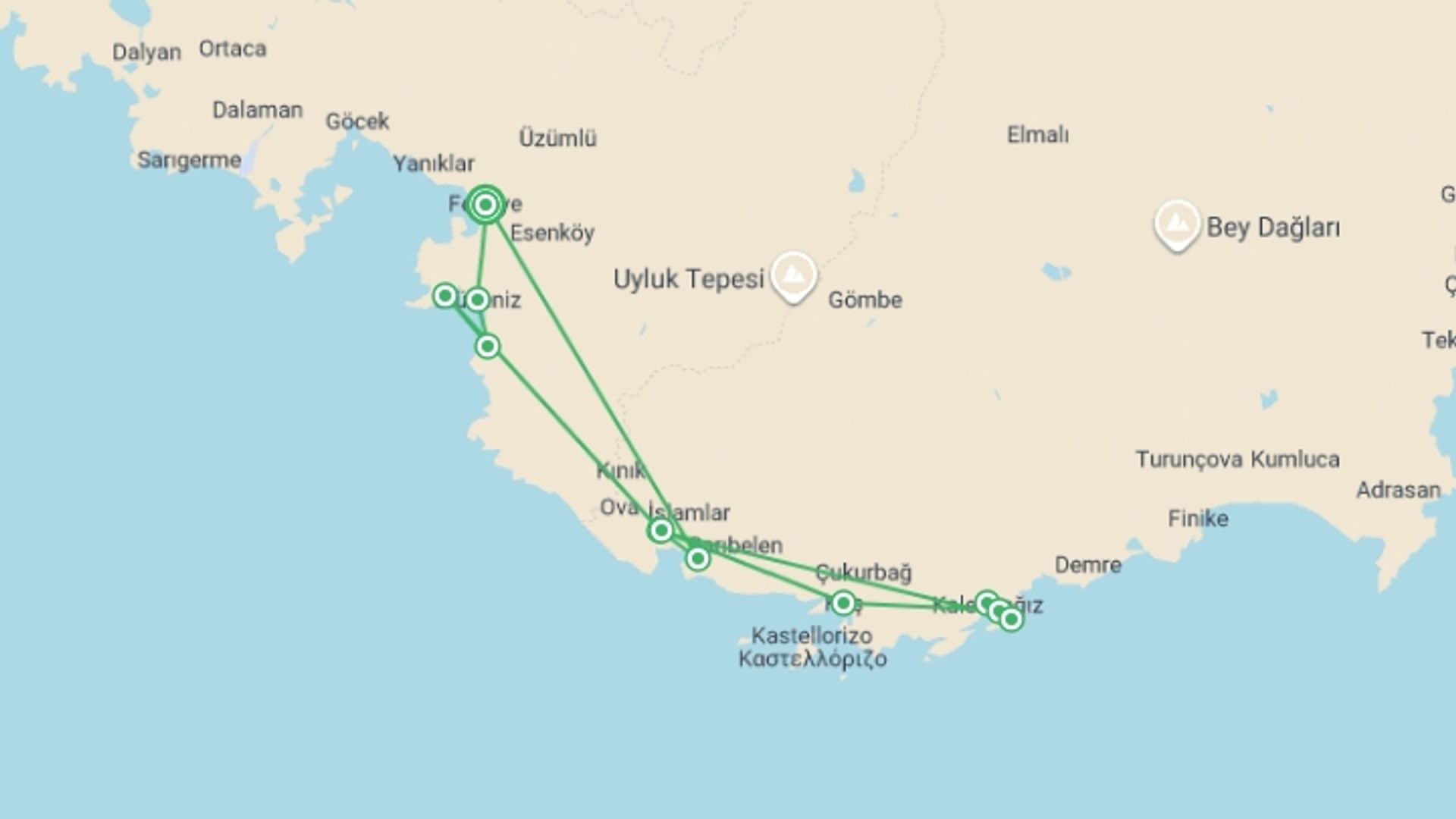 A map showing the tour itinerary for the trip: Fethiye and Kekova Gulet, starting in Fethiye, Turkey and ending in Fethiye, Turkey going through 5 other destinations.