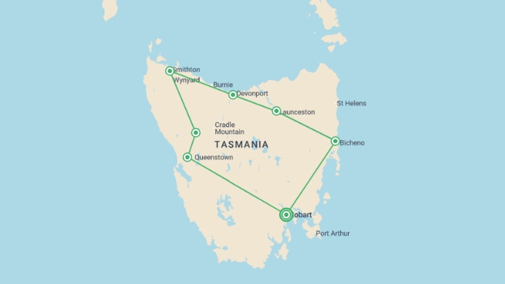 A map showing the tour itinerary for the trip: Best of Tasmania - 10 days, starting in Hobart, Australia and ending in Hobart, Australia going through 6 other destinations.
