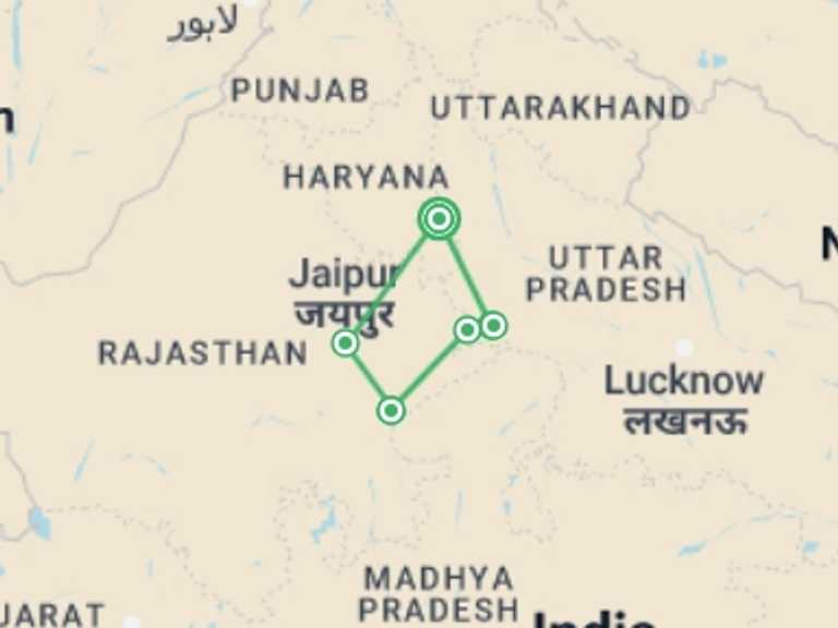 Map itinerary of India Tour in September 2027 with 5 destination visits for the trip: Essential India (4 Star Hotels)