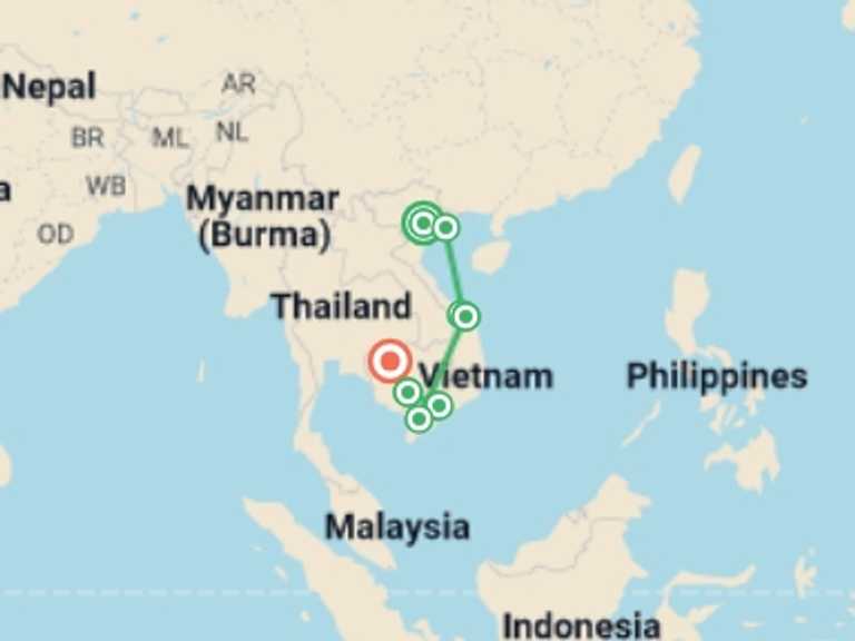 Map of a City sightseeing Tour with 9 destination visits for the trip: Highlights of Vietnam and Cambodia