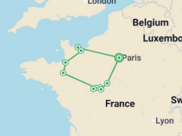 Map itinerary of Mediterranean Tour in October 2026 with 4 destination visits for the trip: France Mon Amour
