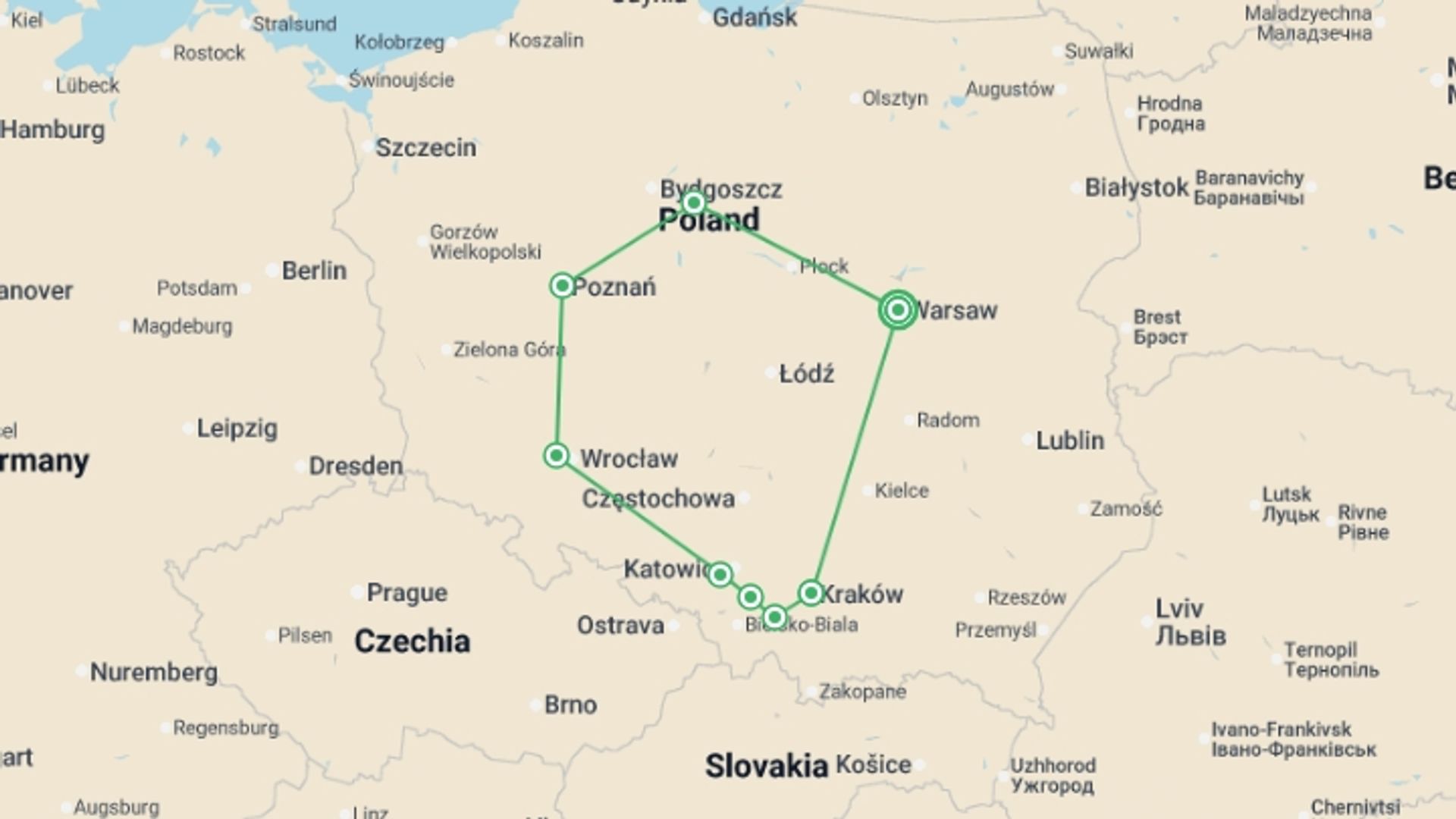 A map showing the tour itinerary for the trip: Heart of Poland, starting in Warsaw, Poland and ending in Warsaw, Poland going through 3 other destinations.