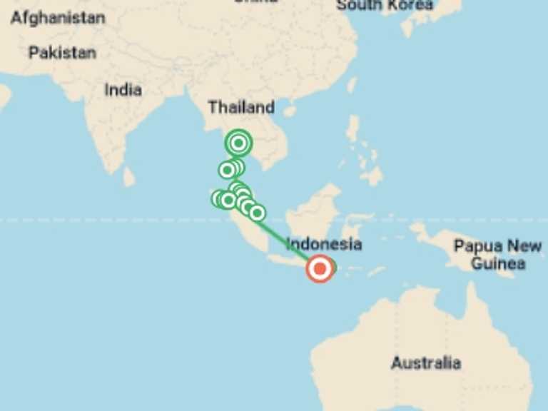 Map itinerary of Asia Tour in April 2027 with 21 destination visits for the trip: Bangkok to Bali: Street Food, Summits & Island Escapes