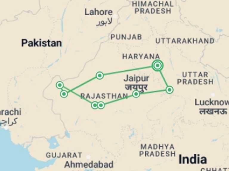 Map of 13-Day India Tour with 8 destination visits for the trip: India: Women's Expedition