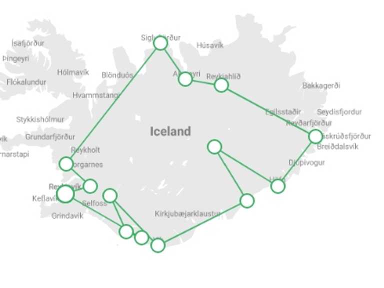 Map itinerary of Reykjavik Tour in Winter with 8 destination visits for the trip: Iceland Explorer Self Drive Winter
