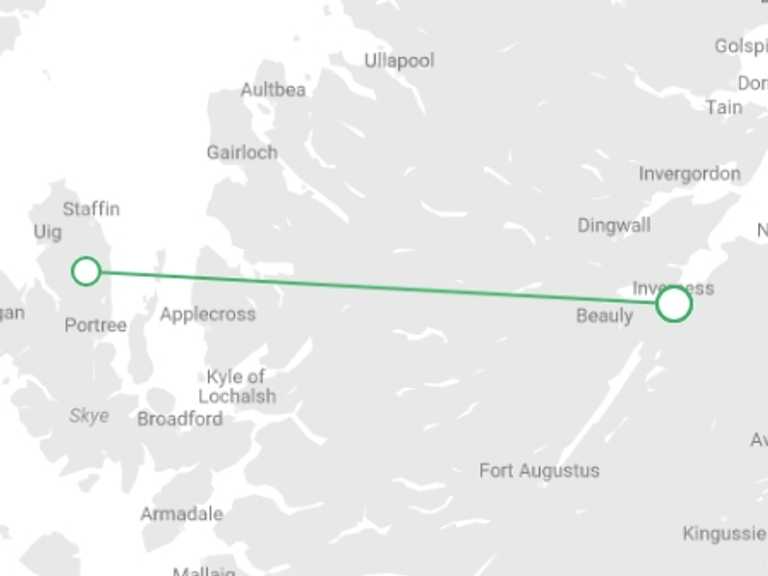 Map itinerary of Inverness Tour in Spring with 2 destination visits for the trip: Isle of Skye & Eilean Donan Castle