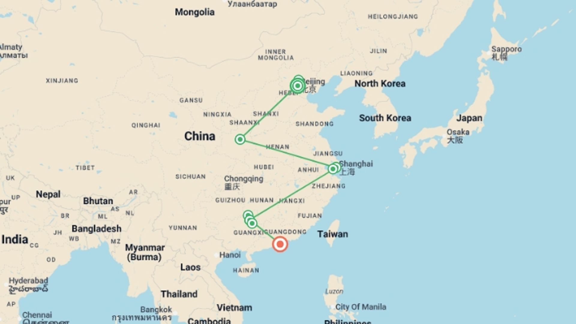 A map showing the tour itinerary for the trip: Beijing to Guilin and Hong Kong - 13 days, starting in Beijing, China and ending in Hong Kong, Hong Kong going through 3 other destinations.