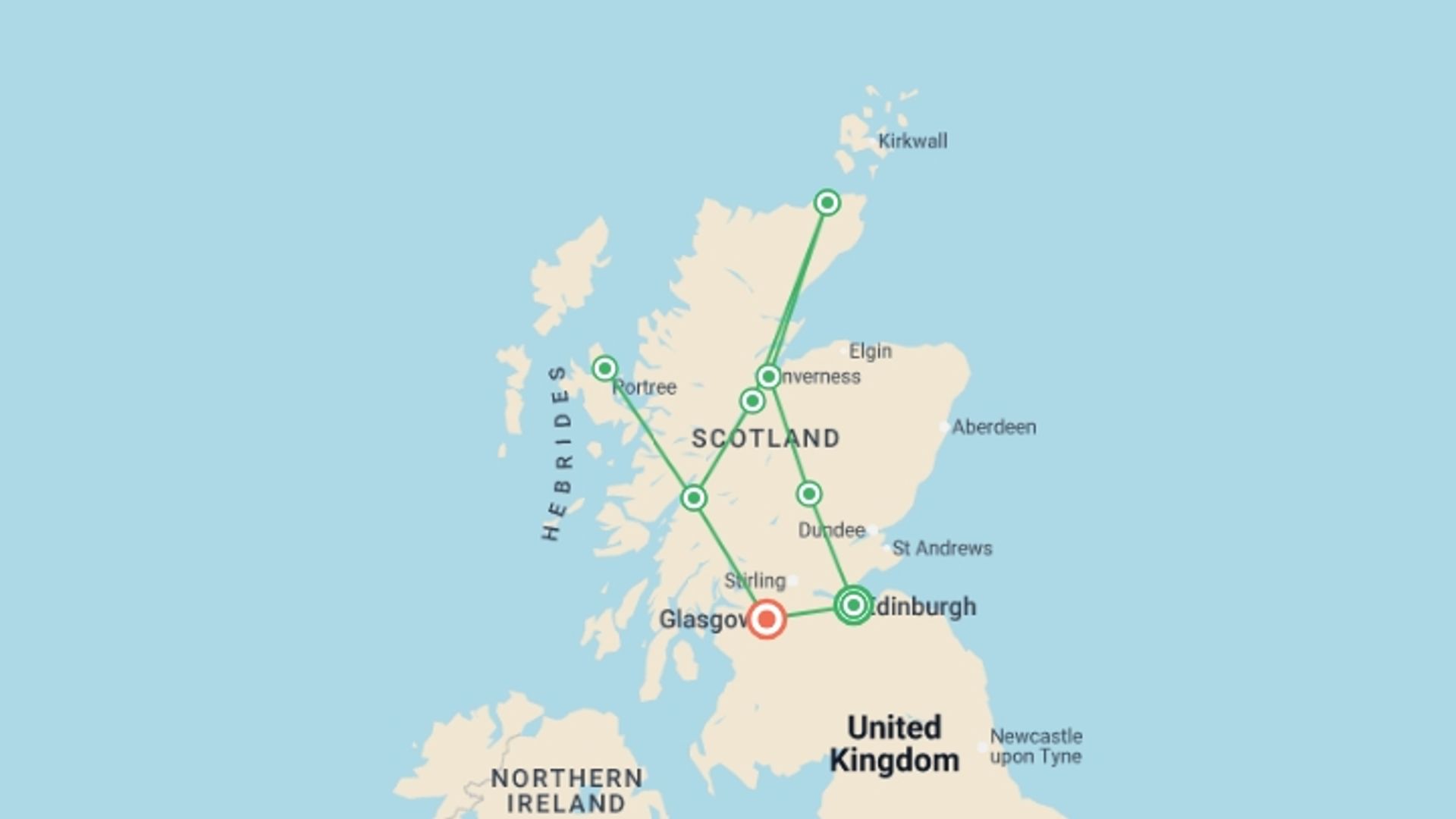 A map showing the tour itinerary for the trip: Discover Scotland , starting in Edinburgh, Scotland and ending in Glasgow, Scotland going through 3 other destinations.