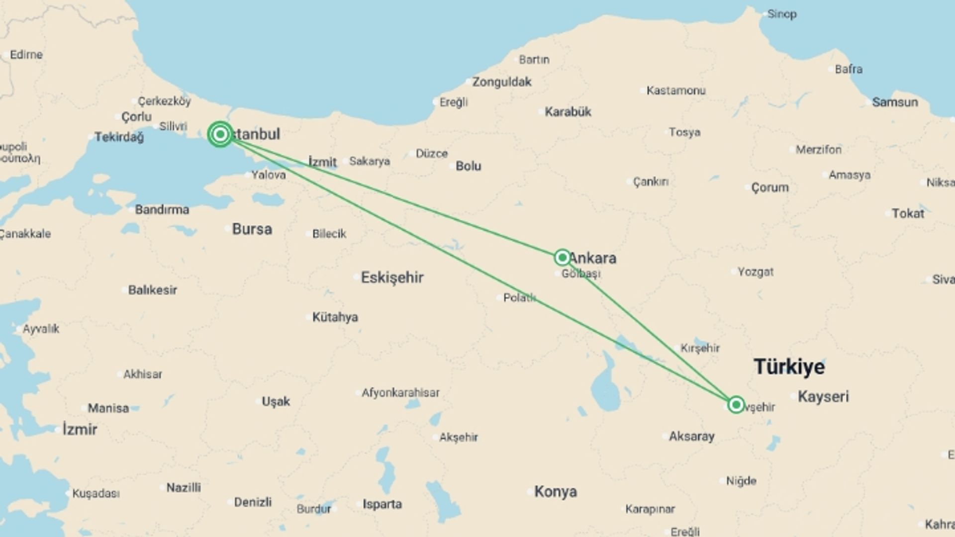 A map showing the tour itinerary for the trip: Istanbul, Ankara & Cappadocia - 6 days, starting in Istanbul, Turkey and ending in Istanbul, Turkey going through 2 other destinations.