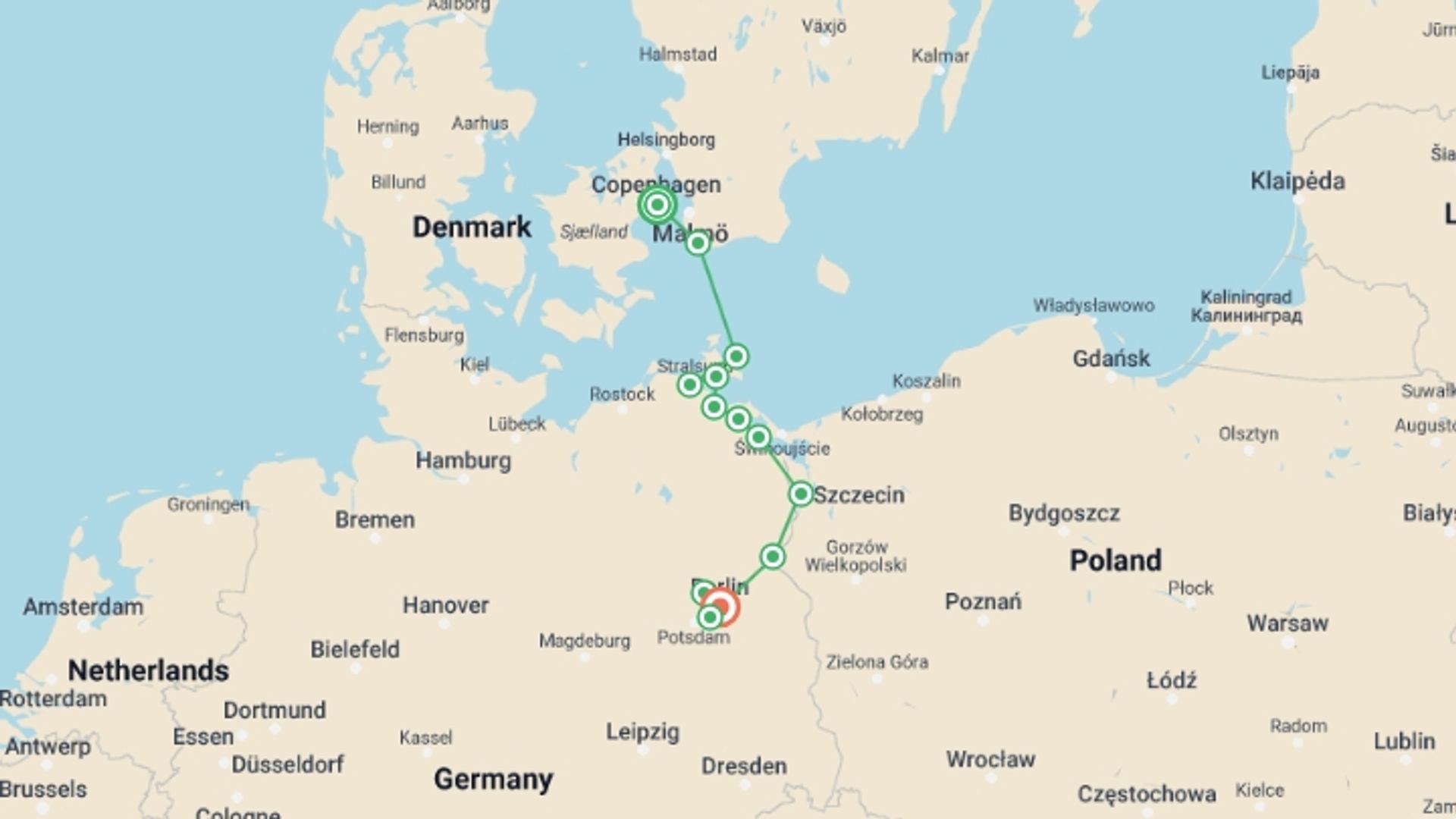 A map showing the tour itinerary for the trip: From Copenhagen to Berlin: The Baltic Sea and the Oder and Havel Rivers (port-to-port cruise), starting in Copenhagen, Denmark and ending in Berlin, Germany going through 6 other destinations.